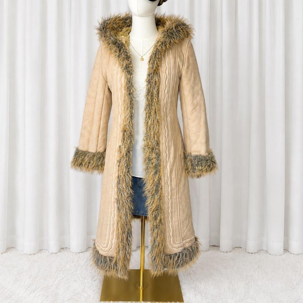 Vintage Peter Davis Y2K Faux Suede Fur Trim Coat